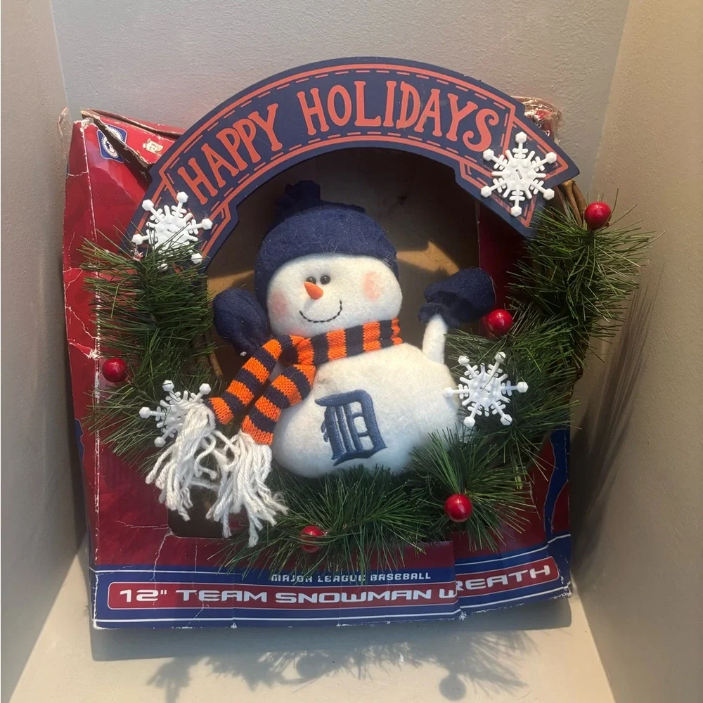 Detroit Tigers 12” Christmas Festive Snowman Holiday Wreath - Blue/ Orange MLB
